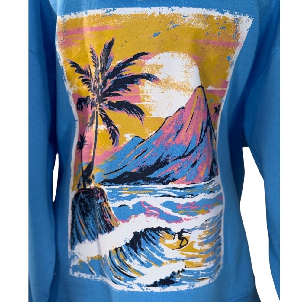 Wild Fable Hoodie Large Coastal Surf Boho Graphic Pullover NWT Sunset Top Blue - Picture 5 of 9